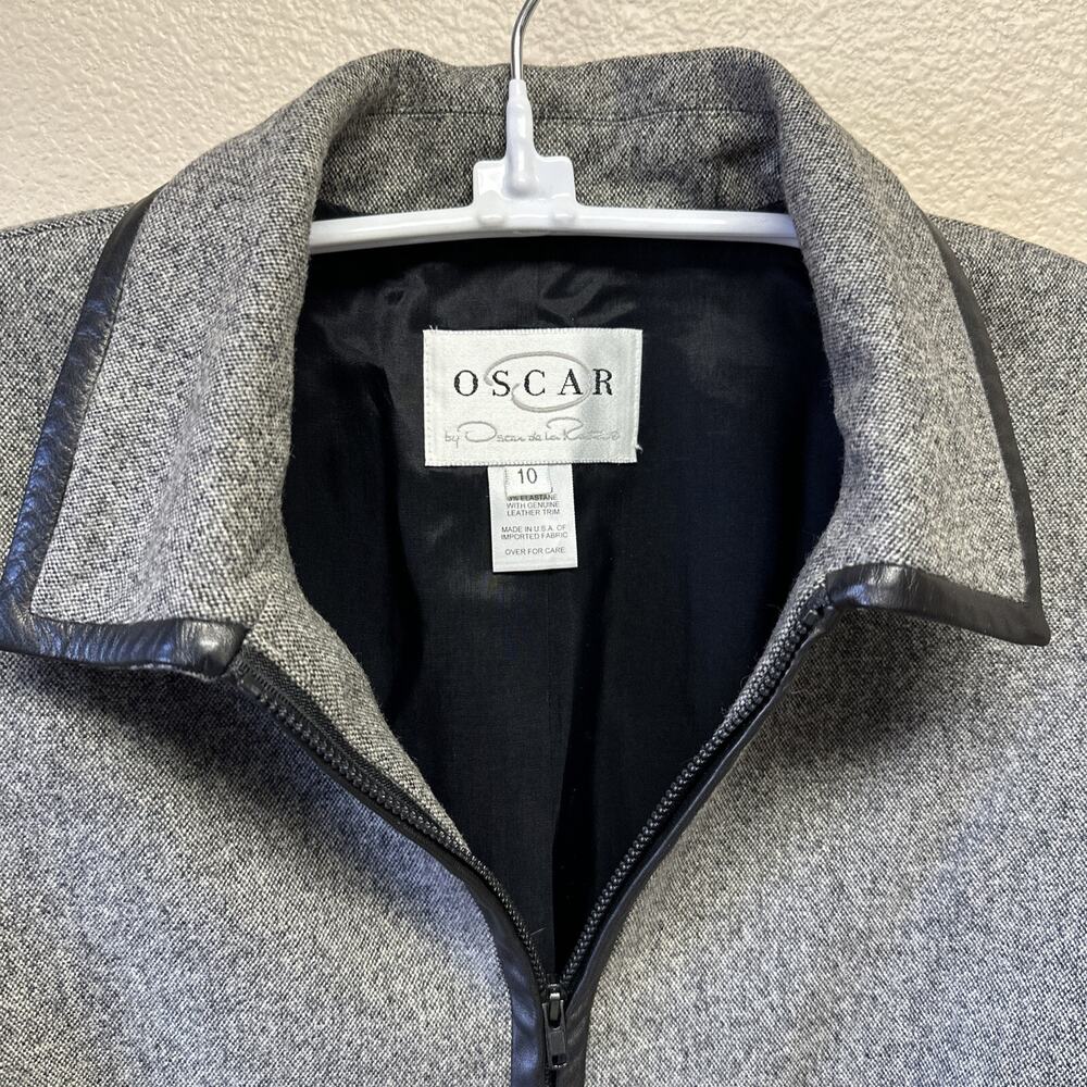 VTG Oscar De La Renta Sz 10 Gray lined Wool Jacket Leather Trim Classic Designer - Picture 5 of 12